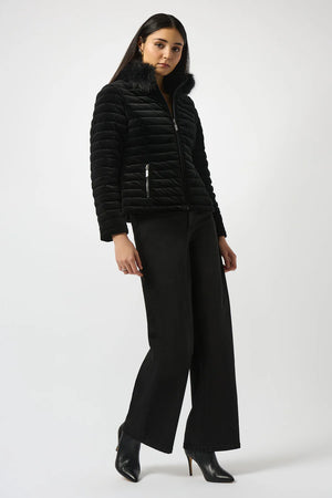Velvet Puffer Jacket With Faux Fur Collar And Crystals On Zipper Pockets