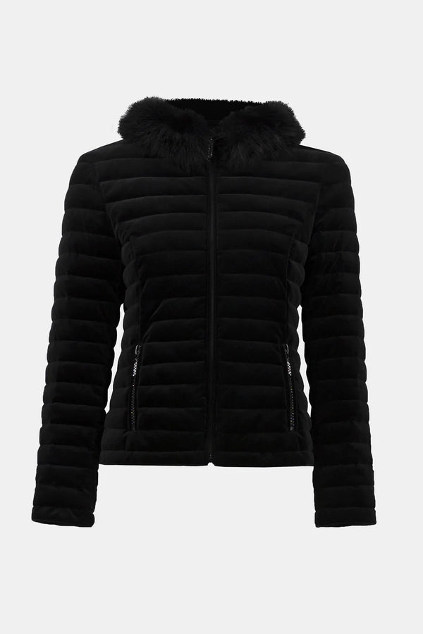 Velvet Puffer Jacket With Faux Fur Collar And Crystals On Zipper Pockets