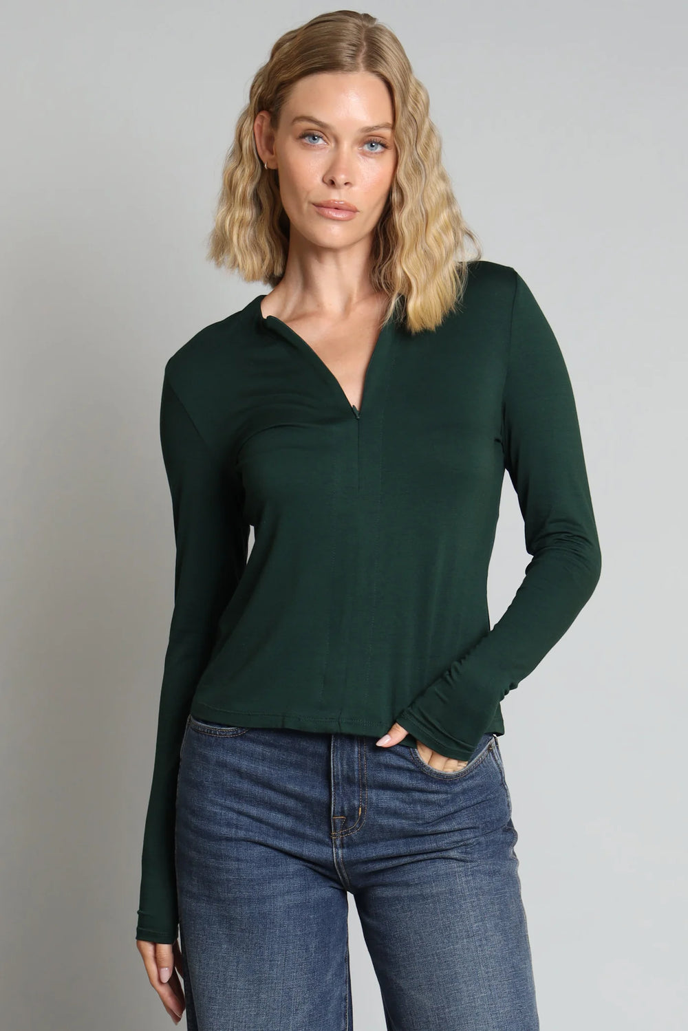 Jersey Zip Neck Top - Pine
