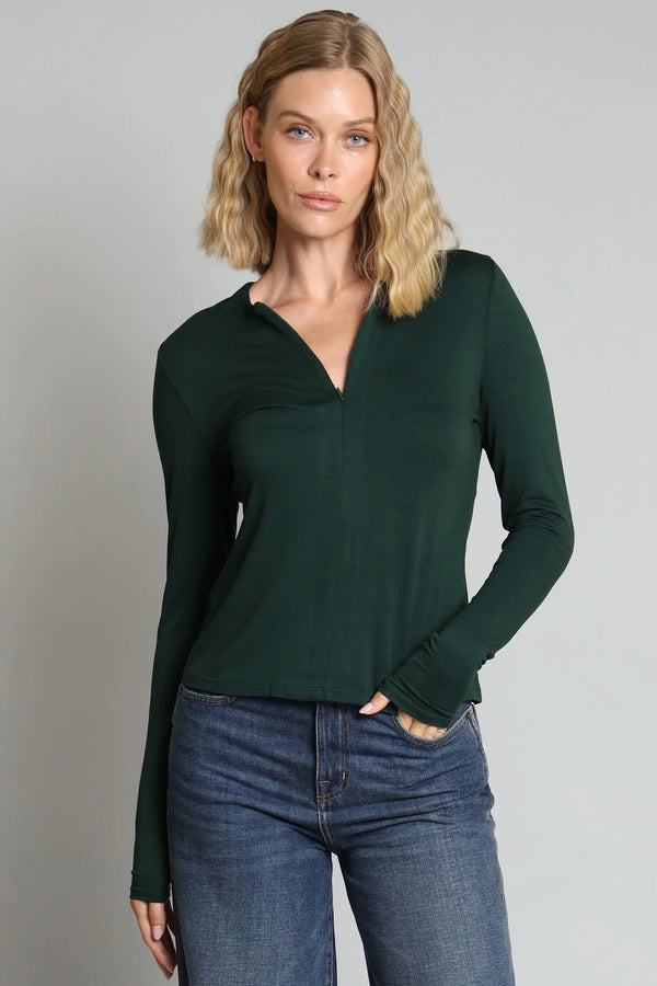 Jersey Zip Neck Top - Pine