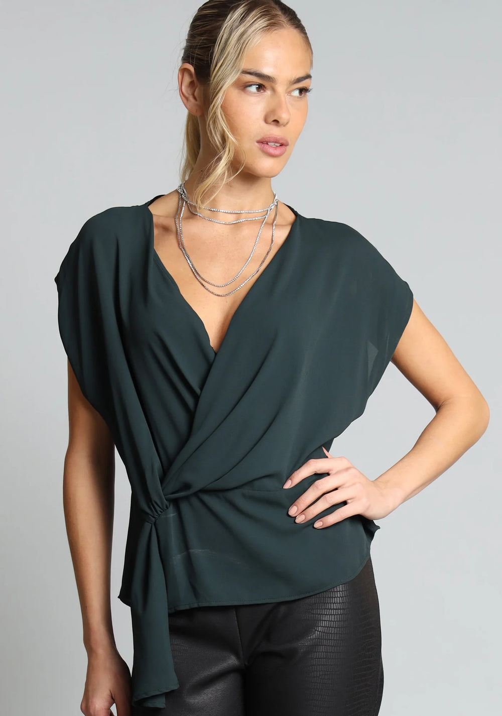 Assymetric Drape V-Neck Top - Pine
