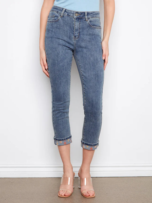 Slim Leg Jeans w/ Rolled Embrodered Cuff