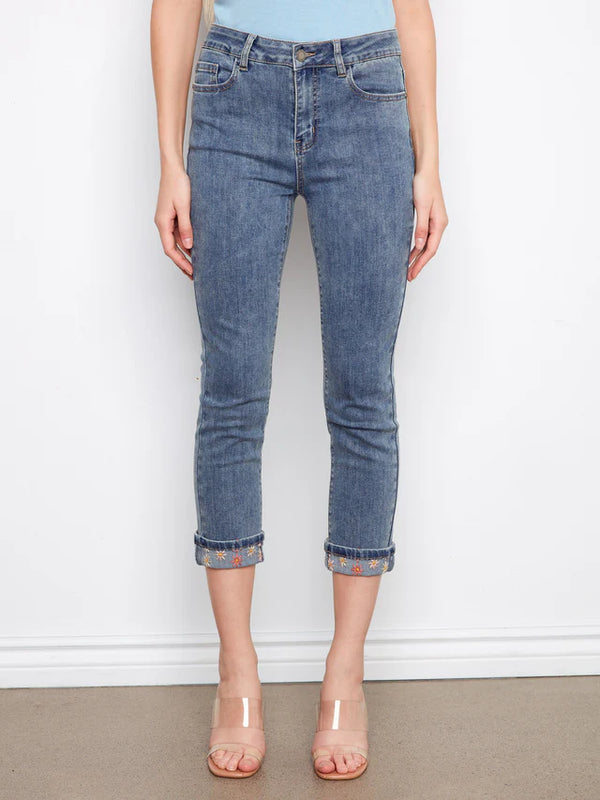 Slim Leg Jeans w/ Rolled Embrodered Cuff