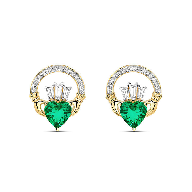14K Gold Lab Grown Lab Emerald and Diamond Claddagh Drop Earrings