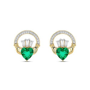 14K Gold Lab Grown Lab Emerald and Diamond Claddagh Drop Earrings