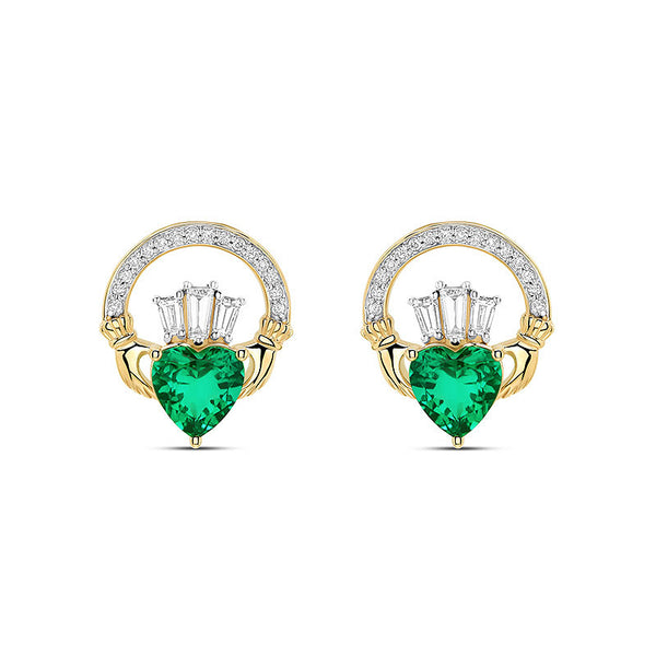 14K Gold Lab Grown Lab Emerald and Diamond Claddagh Drop Earrings