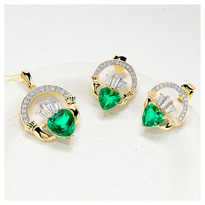 14K Gold Lab Grown Lab Emerald and Diamond Claddagh Drop Earrings