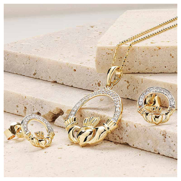 14kt Yellow Gold Lab Grown Diamond Claddagh Earrings