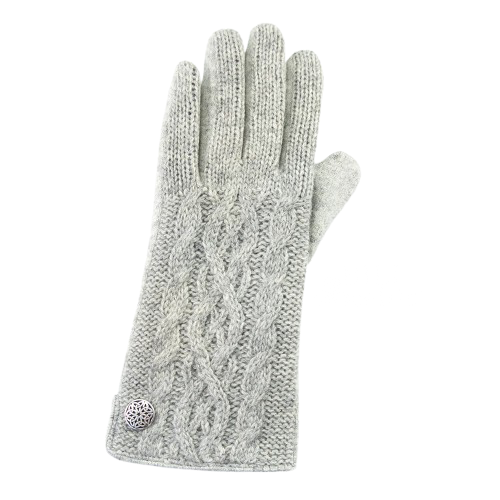 Gray knitted glove with a decorative button on a white background