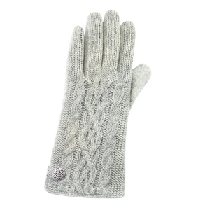 Gray knitted glove with a decorative button on a white background