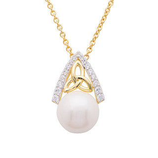 14KT Gold Vermeil Trinity Knot Pearl Pendant w/ White Cubic Zirconias