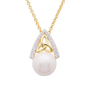 14KT Gold Vermeil Trinity Knot Pearl Pendant w/ White Cubic Zirconias