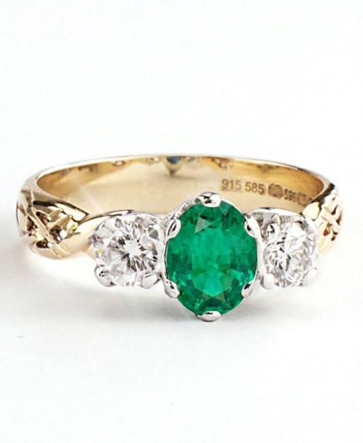 14K Gold Livia Trilogy With 2 Lab Diamonds and Emerald Ring -  Size 8