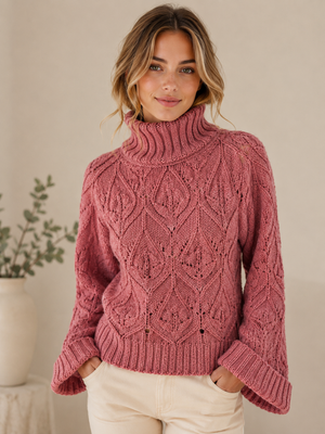Berries Cuffed Comfort Crew Wool  Pullover - Cotton Candy