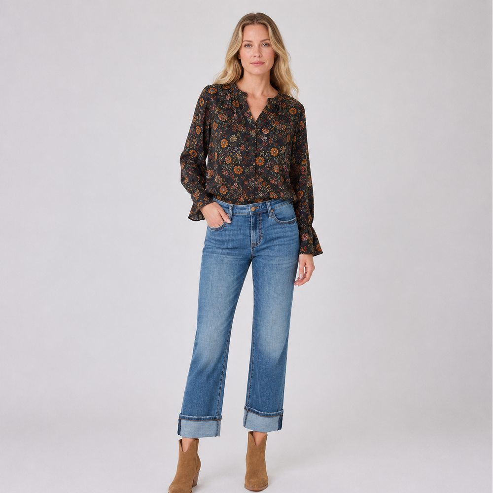 Sateen Long Sleeve Woven Blouse w/ Pintucks
