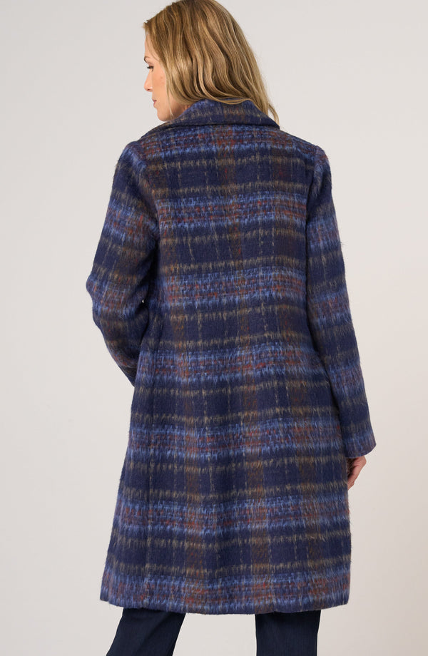 Women's ombré plaid swing coat with stand collar, button-front closure and long A-line silhouette