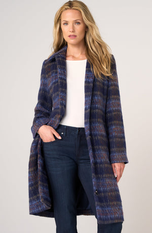 Women's ombré plaid swing coat with stand collar, button-front closure and long A-line silhouette