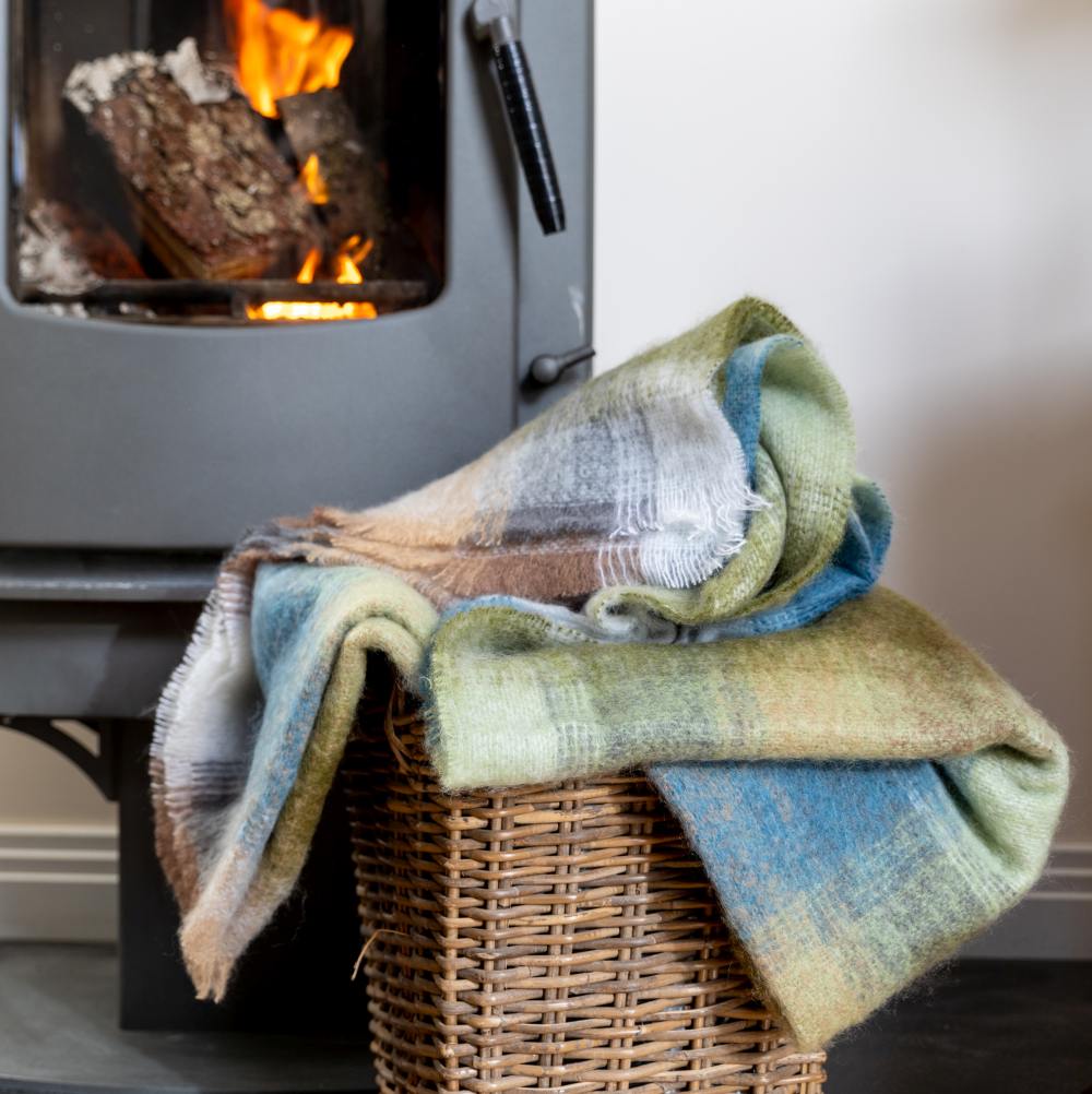 Mohair Throw - Cream, Pale Blue, Pale Green and Pale Grey Block Check