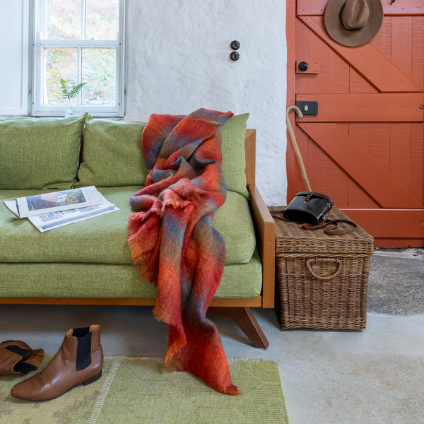 Mohair Throw - Bright Orange, Red & Blue Check Mix