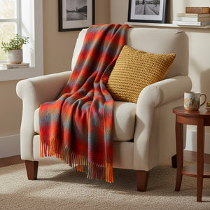 Mohair Throw - Bright Orange, Red & Blue Check Mix