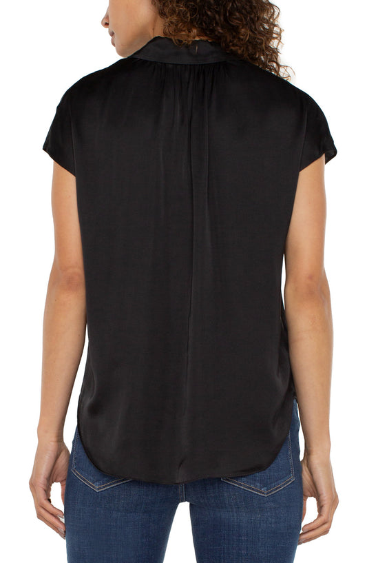 Dolman Sleeve Collared Button Front Blouse - Black