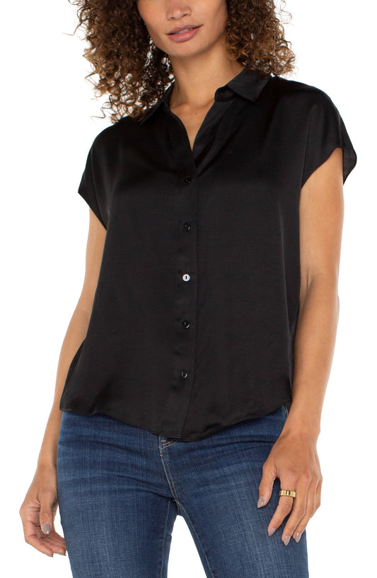 Dolman Sleeve Collared Button Front Blouse - Black