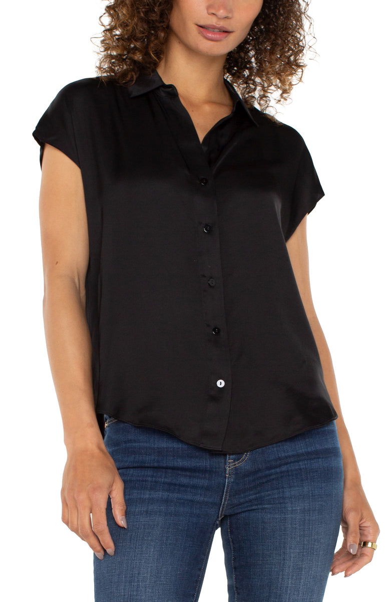 Dolman Sleeve Collared Button Front Blouse - Black