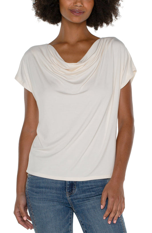 Short Sleeve Draped Cowl Neck Top - French Cream