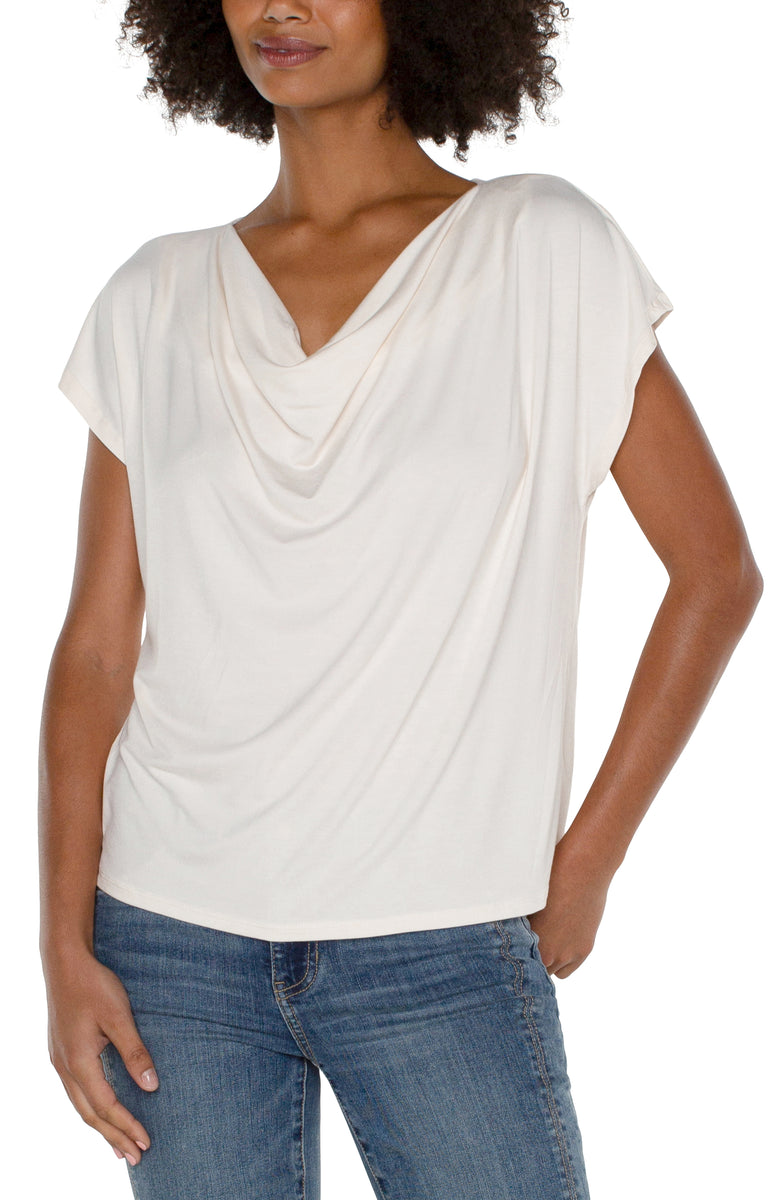 Short Sleeve Draped Cowl Neck Top - French Cream