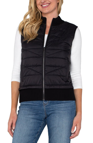 Quilted Front Zip Sweater Vest - Black