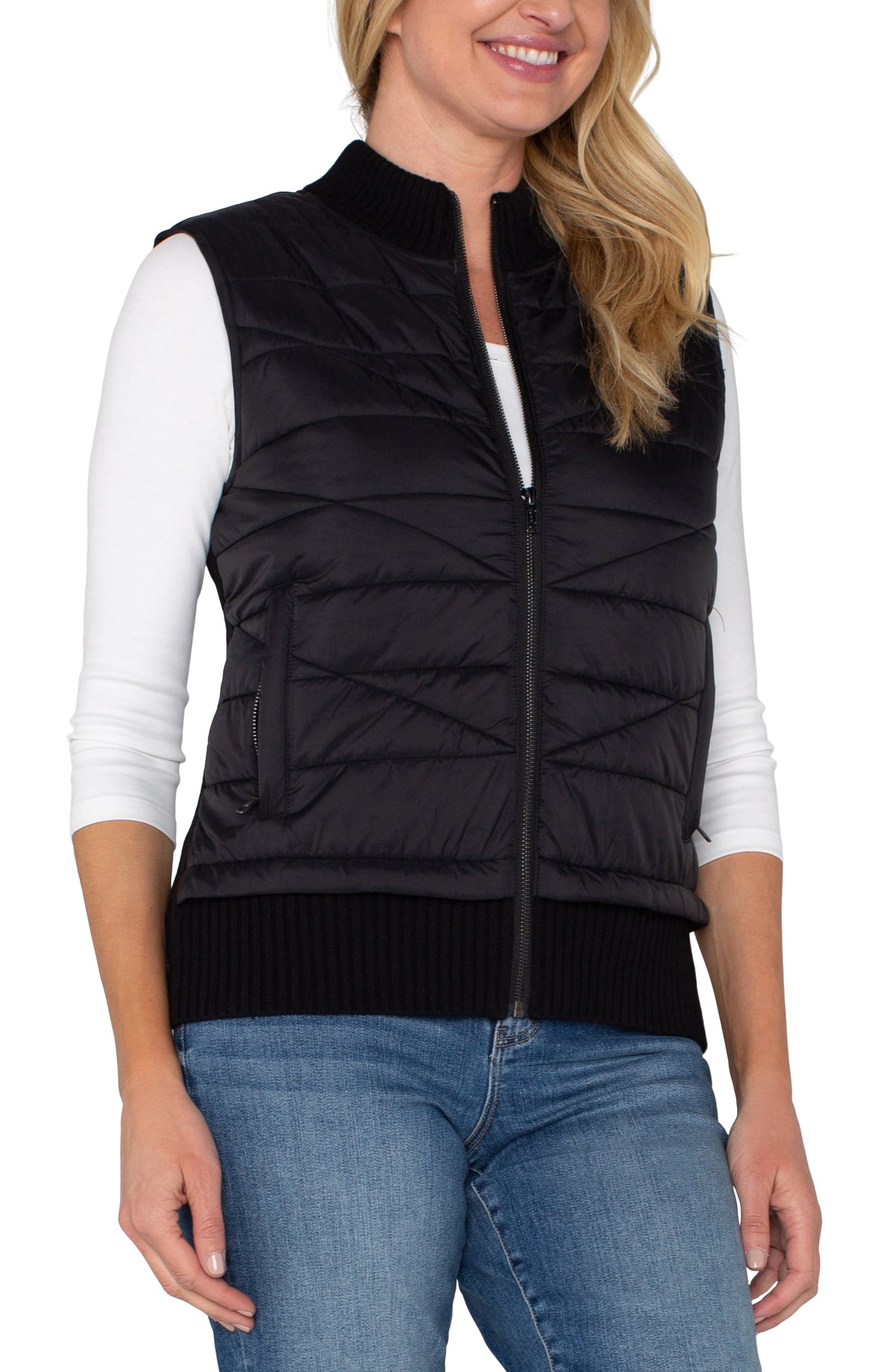 Quilted Front Zip Sweater Vest - Black