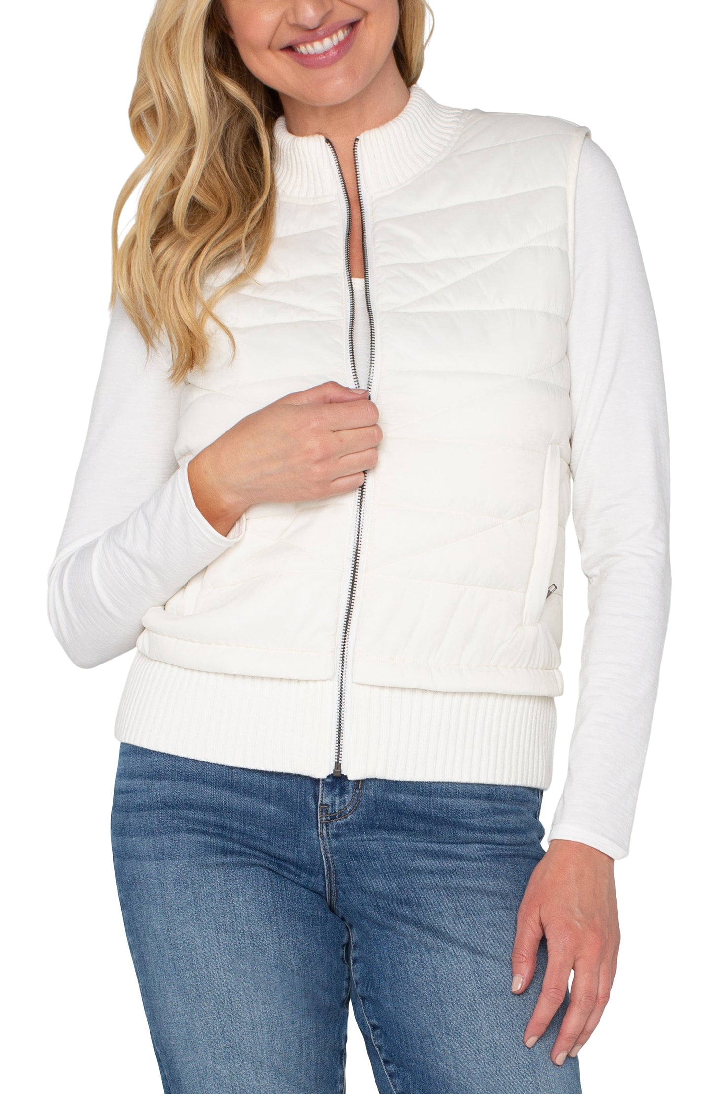 Quilted Front Zip Sweater Vest - Porcelain