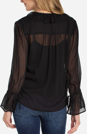 Long Sleeve Ruffle Front Woven Blouse