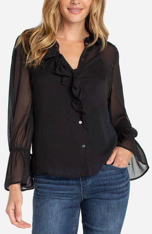 Long Sleeve Ruffle Front Woven Blouse