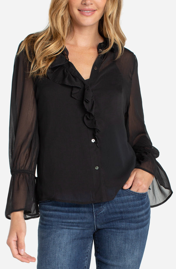 Long Sleeve Ruffle Front Woven Blouse