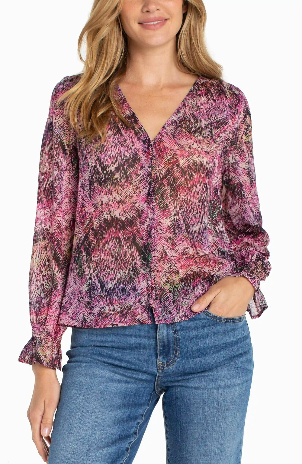 Button Front Woven Top w/ Smocking Sleeve