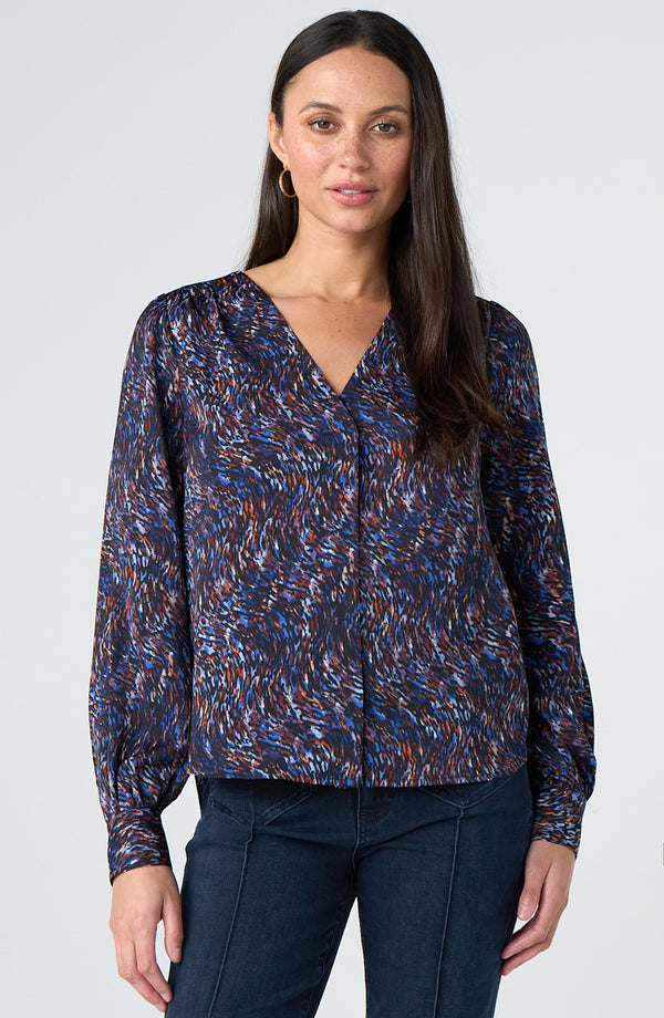 Sateen Long Sleeve Woven Blouse w/ Neck Tie