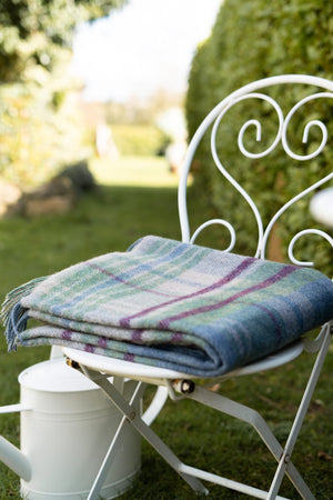 Large Irish Wool Blanket - Denim, Green, Camel & Burgundy Plaid