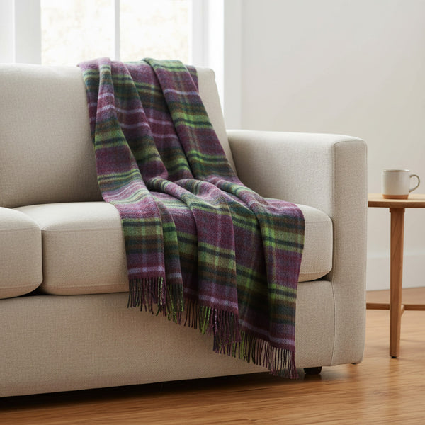 Large Irish Wool Blanket - Purple, Green & Lavender Plaid