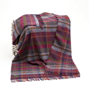 Large Irish Wool Blanket - Raspberry, Navy, Orange & Pink Plaid
