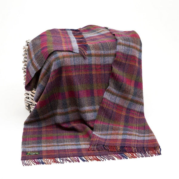 Large Irish Wool Blanket - Raspberry, Navy, Orange & Pink Plaid