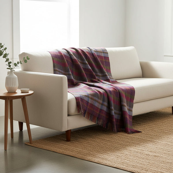 Large Irish Wool Blanket - Raspberry, Navy, Orange & Pink Plaid