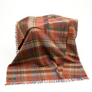 Large Irish Wool Blanket - Brown, Orange & Blue Plaid