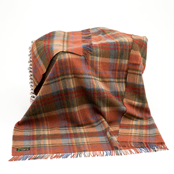 Large Irish Wool Blanket - Brown, Orange & Blue Plaid