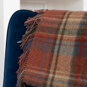 Large Irish Wool Blanket - Brown, Orange & Blue Plaid