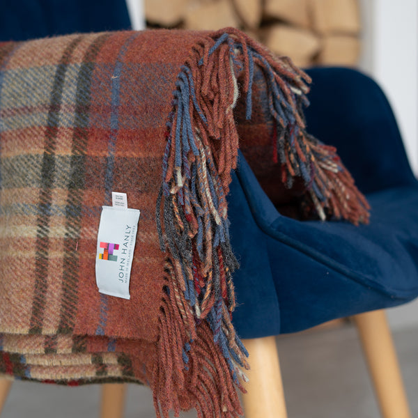 Large Irish Wool Blanket - Brown, Orange & Blue Plaid