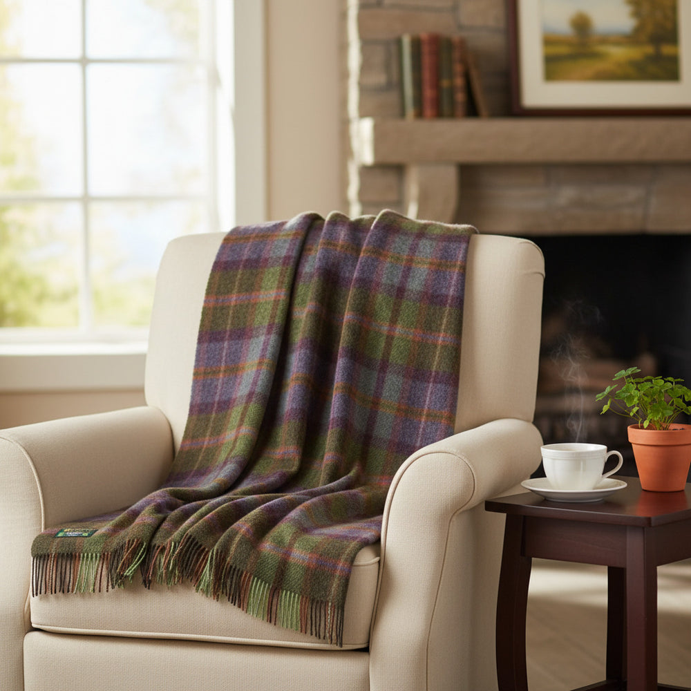Large Irish Wool Blanket - Green & Purple Mix Tartan