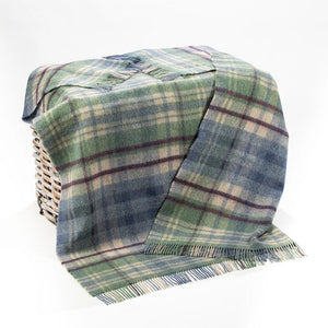 Large Irish Wool Blanket - Denim, Green, Camel & Burgundy Plaid