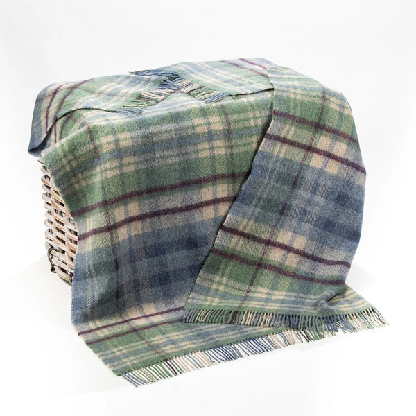 Large Irish Wool Blanket - Denim, Green, Camel & Burgundy Plaid