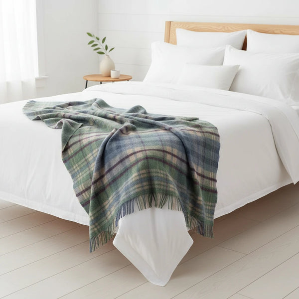 Large Irish Wool Blanket - Denim, Green, Camel & Burgundy Plaid